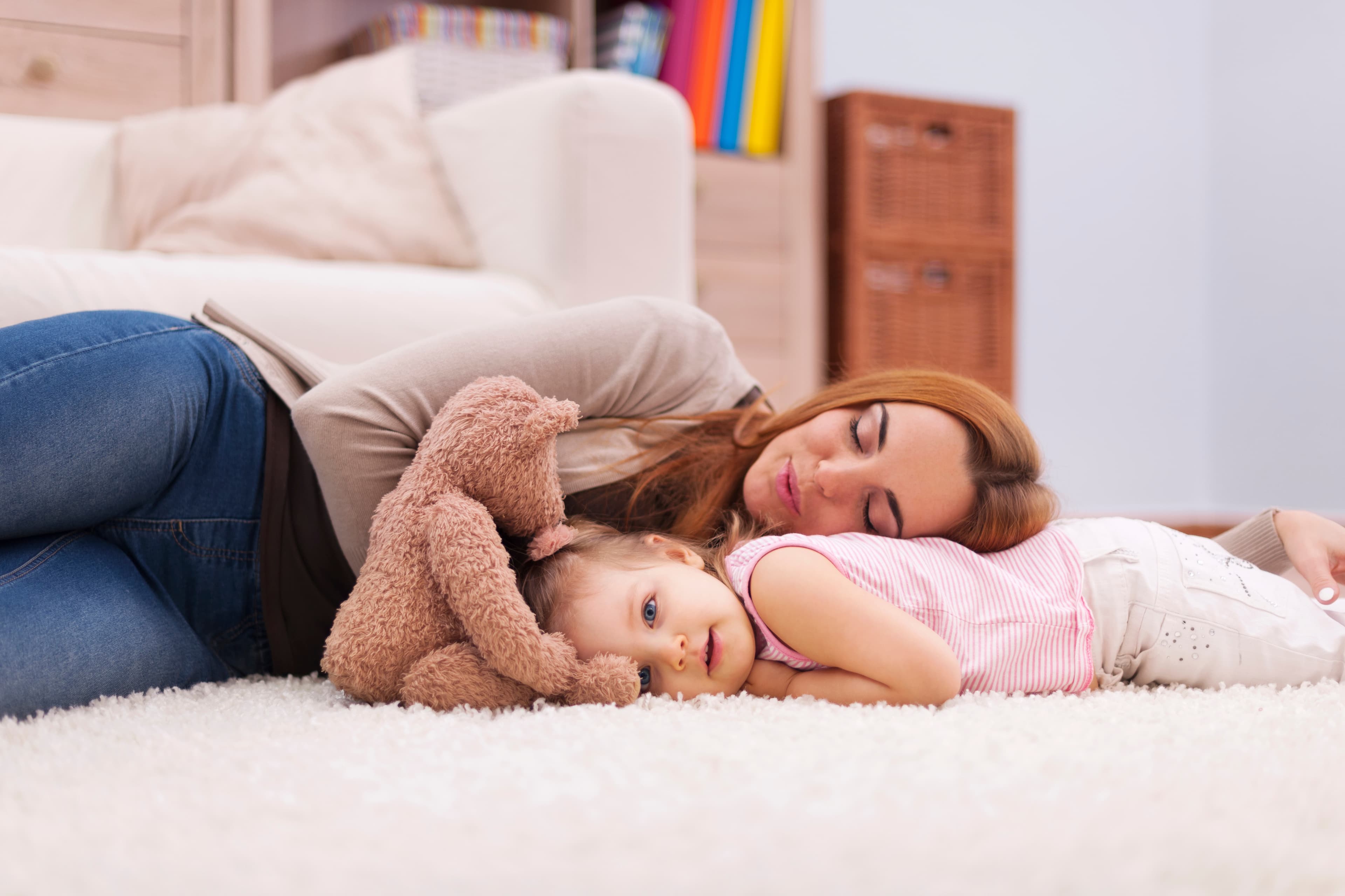 Mother and Daughter relaxing on Deep Pile Carpet